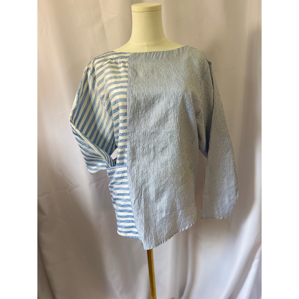 Vintage Blue White Striped Boatneck Pocket Top Coastal Preppy Size L LightWeight